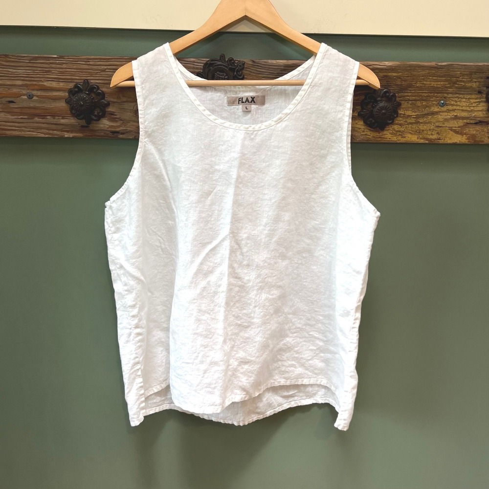 Flax Women White 100% Linen Sleeveless Scoop Neck Tank Top Size Large